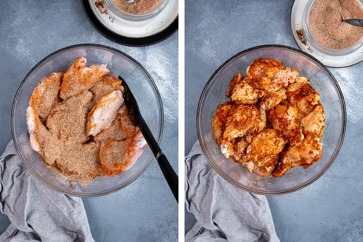 这是两幅拼贴画，分别是盛在碗里的鸡翅，在搅拌香料之前和搅拌香料之后。