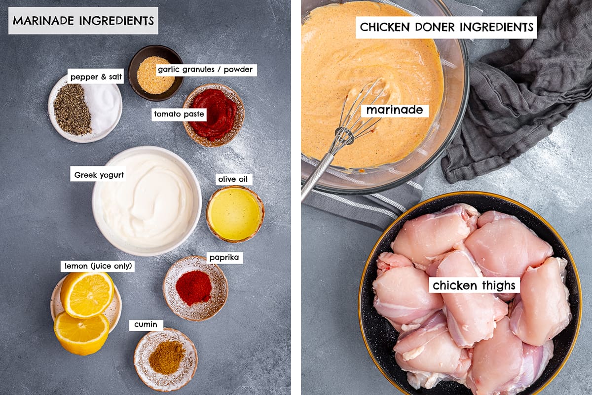 拼贴画:两幅画的拼贴;一个显示卤汁的成分，另一个显示鸡肉烤肉串的成分。