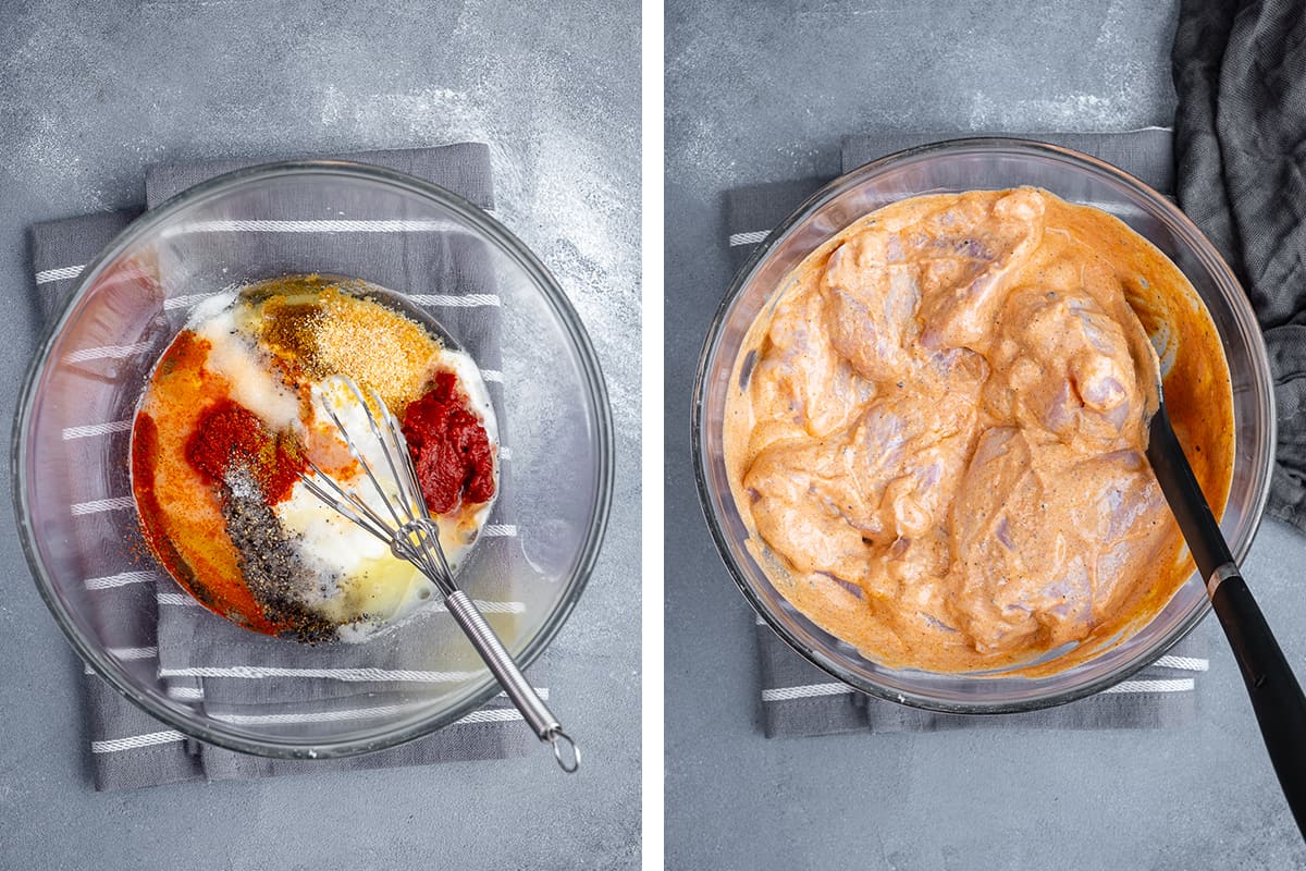 两张图片的拼贴画，展示了如何制作腌料和如何腌鸡肉。