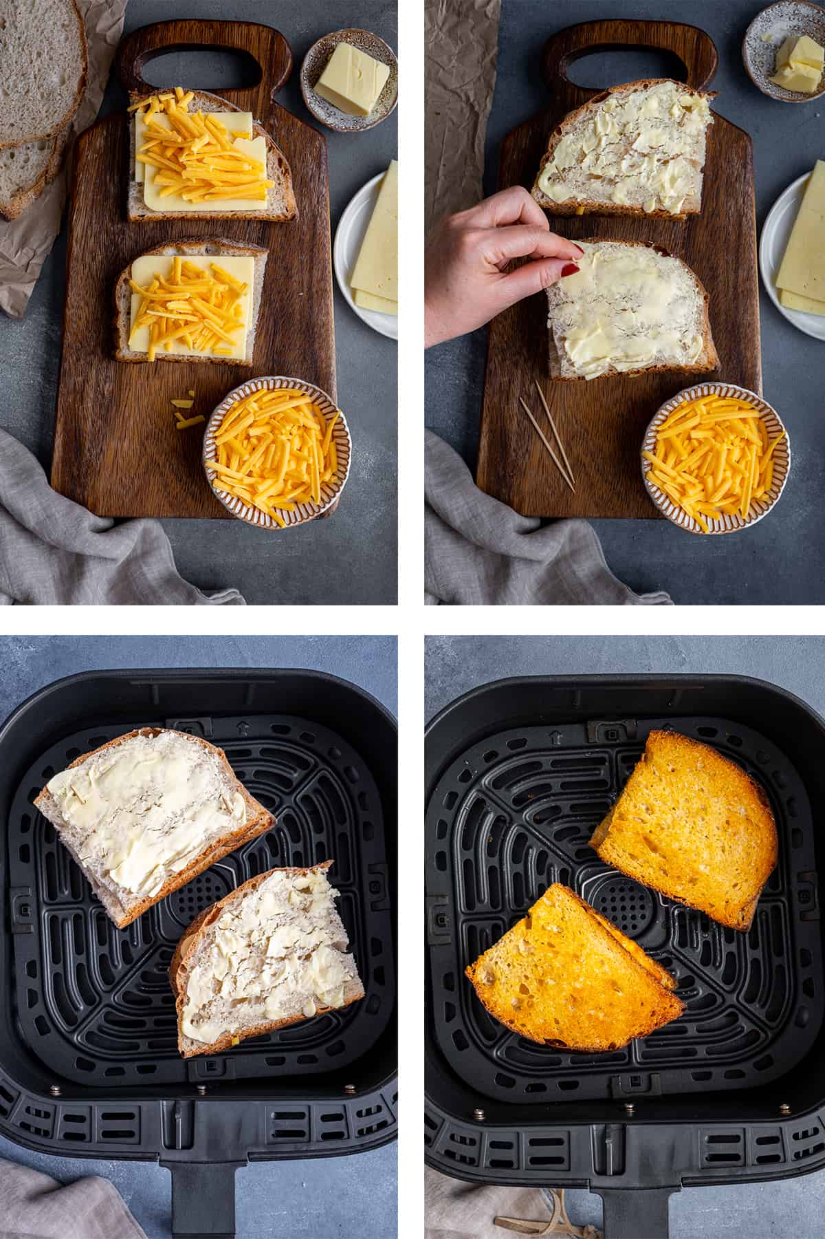 四幅拼贴画展示了在空气炸锅里制作烤奶酪三明治的步骤。