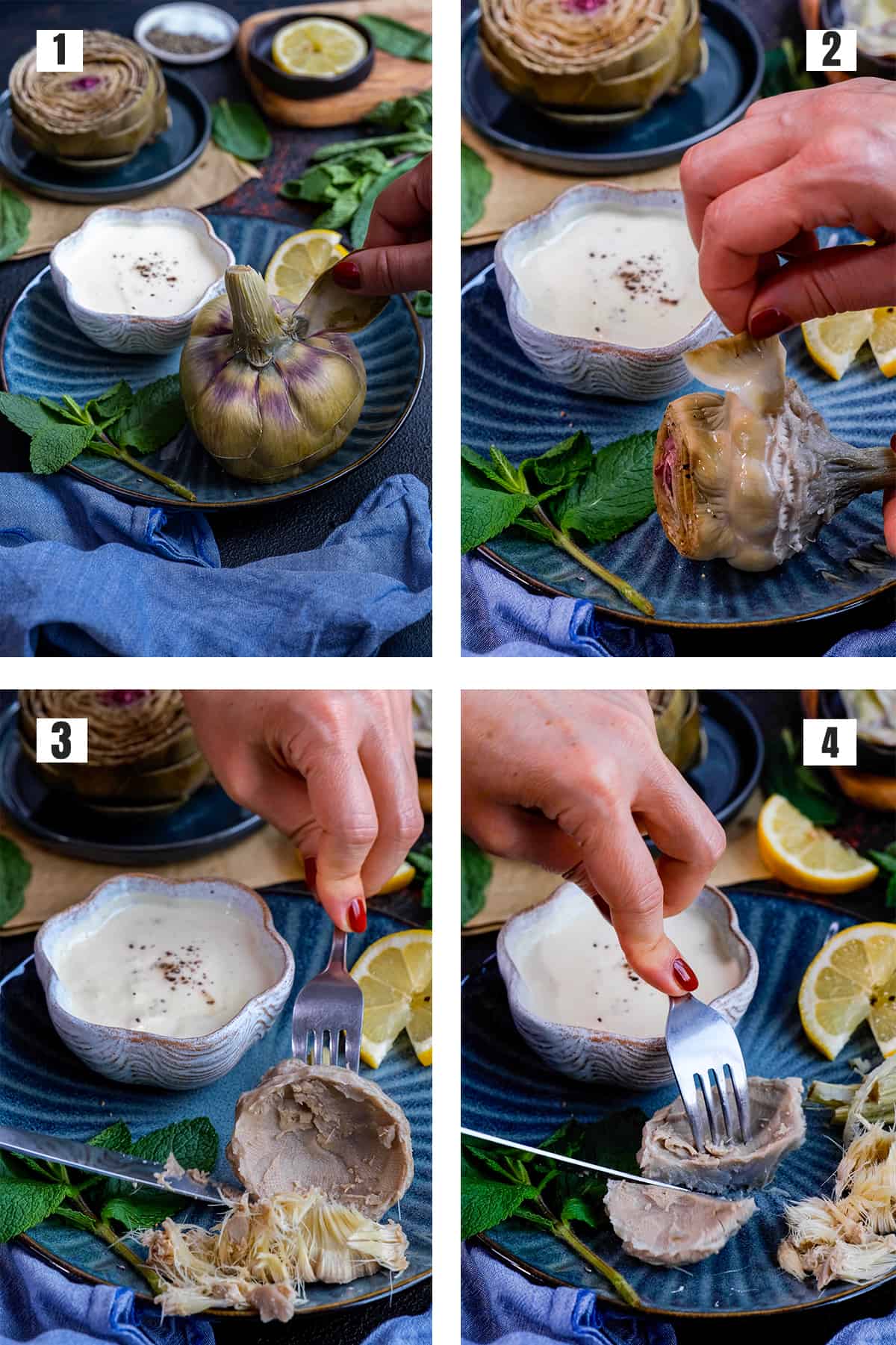 由四张图片组成的拼贴图，展示了如何从煮熟的朝鲜蓟中拔出叶子，如何去除朝鲜蓟的咽喉，以及如何吃掉中间的心脏。